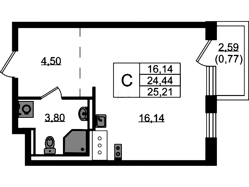 Квартира студия 25.21 м², 12/13 эт., ЖК «Квартал Торики»